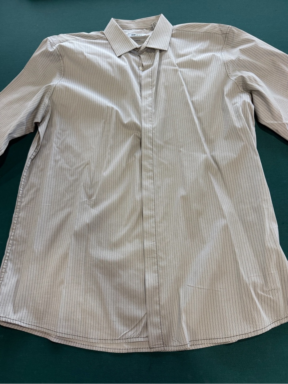 DKNY Men's Tan Pinstripe Dress Shirt with Concealed Placket